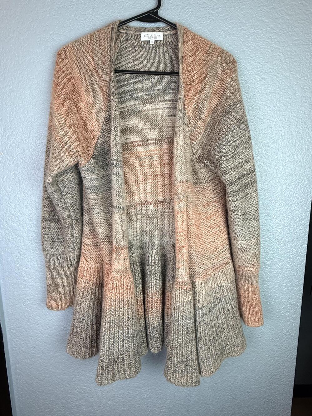 Fili Di Lana Cardigan Sweater Womens Medium Beige Mohair Blend Pleated Hem Italy